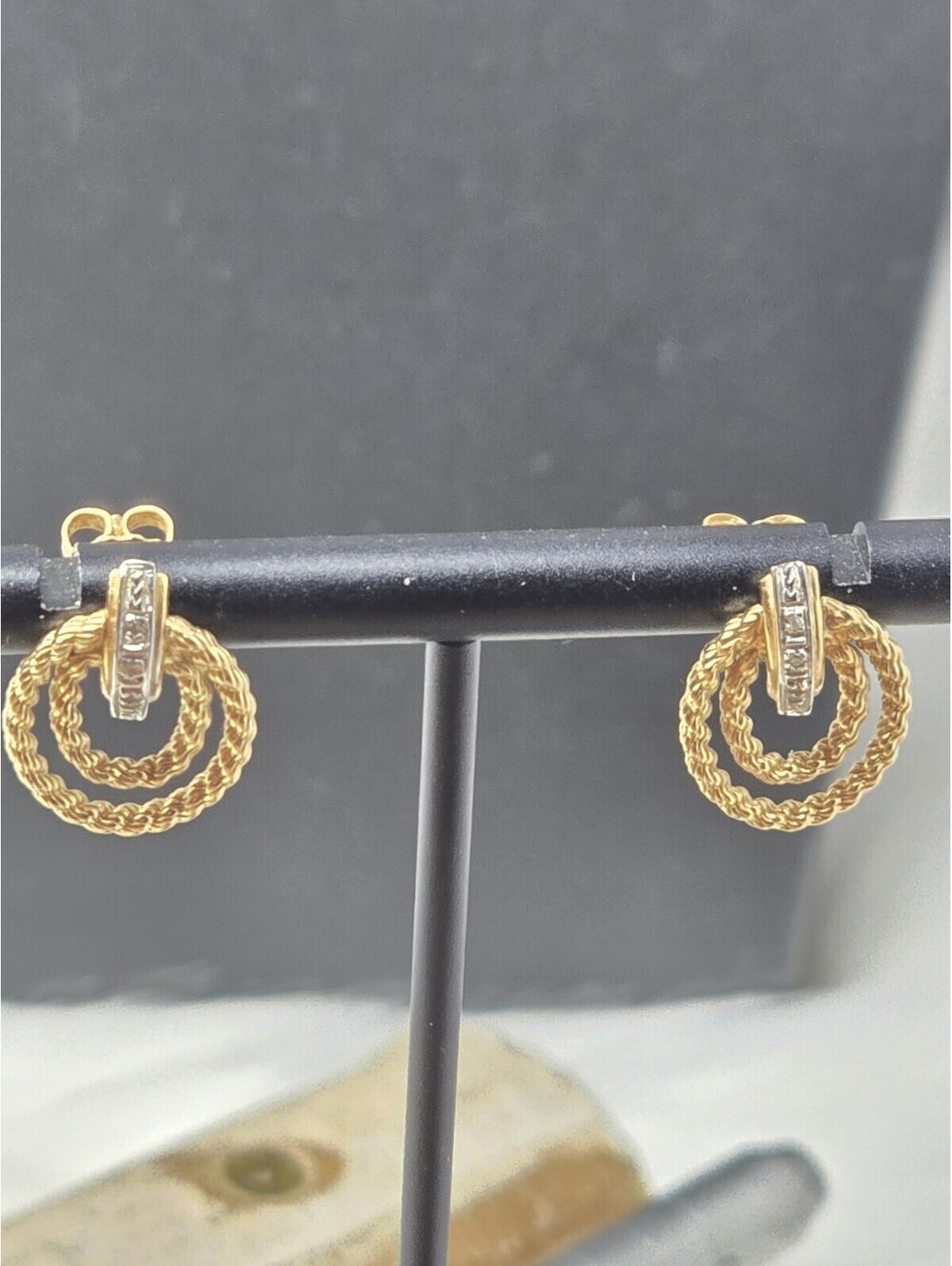 14k Two Tone Gold Diamond Twisted Rope Hoop Stud Earrings